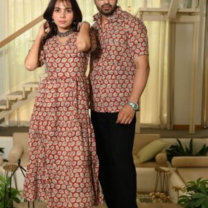 Couple Matching Red-Beige Cotton Anarkali Midi Dress and Shirt Set ? Leaf Block Print