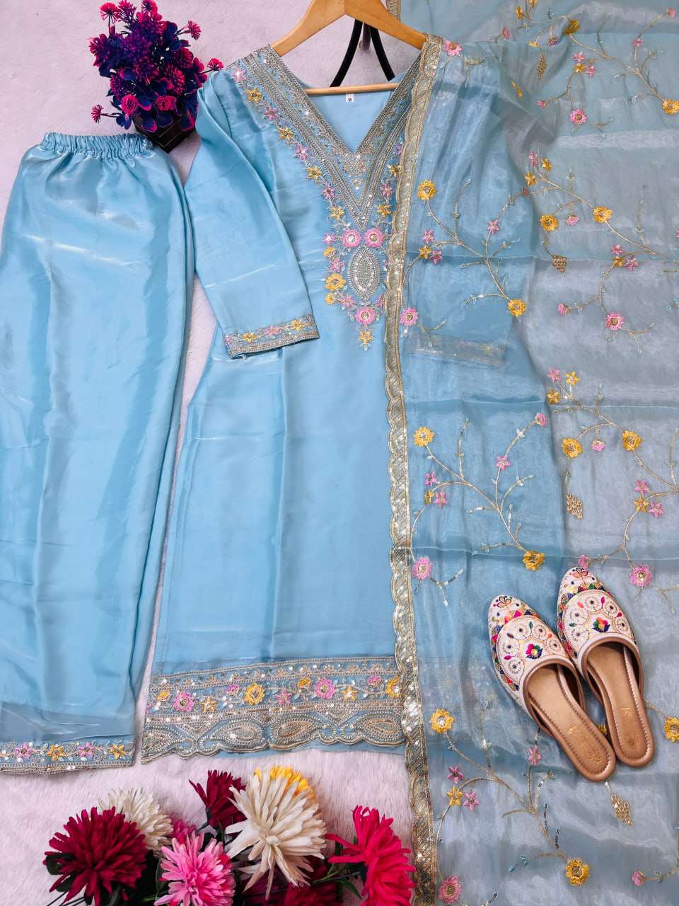 Women's Silk Heavy Embroidery Sequence Work Top-Bottom Straight Kurti With Pant and Dupatta set - Image 9