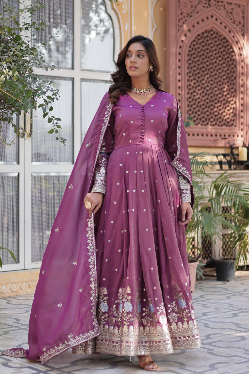Women's Festive Rust Red Anarkali Gown with Intricate Silver Zari & Sequin Embroidery β Complete with Embroidered Dupatta - Image 8