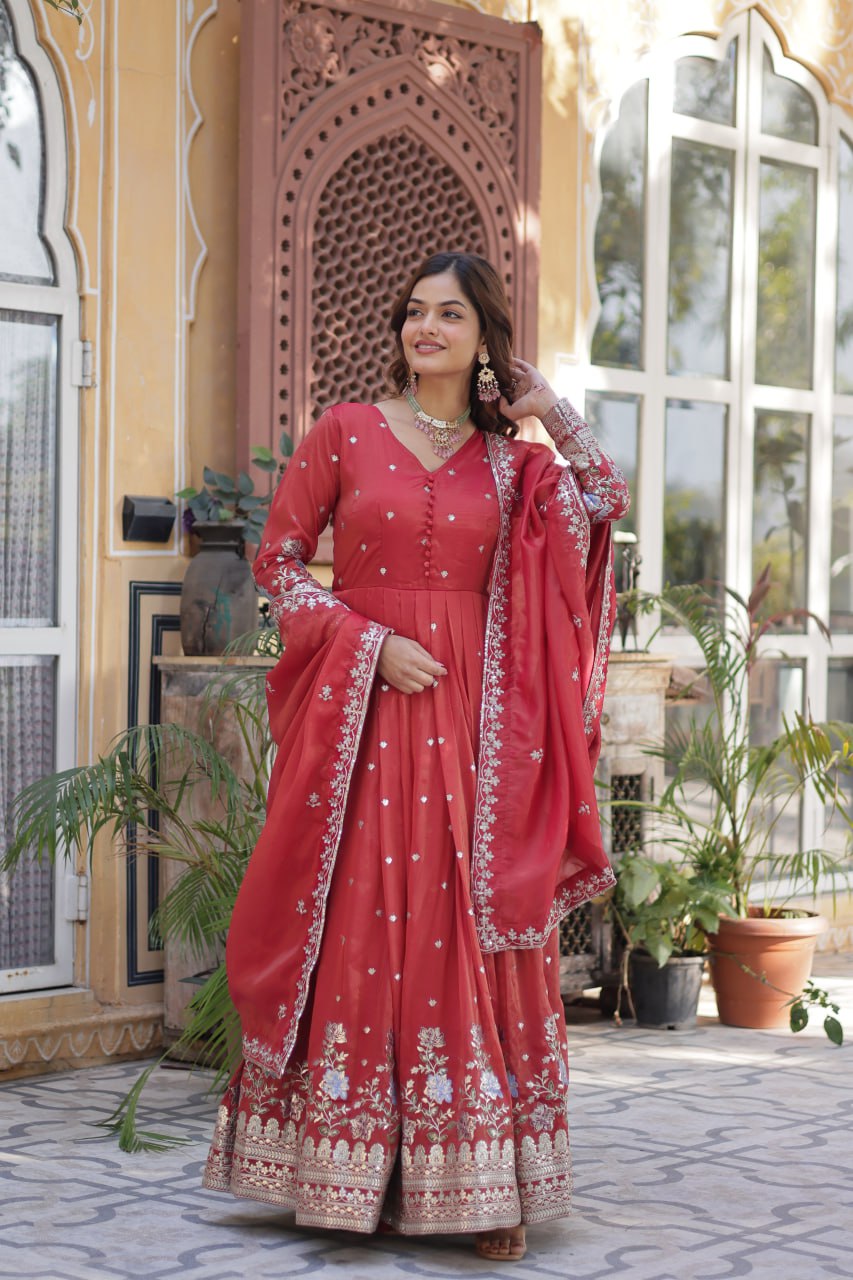 Women's Festive Rust Red Anarkali Gown with Intricate Silver Zari & Sequin Embroidery β Complete with Embroidered Dupatta