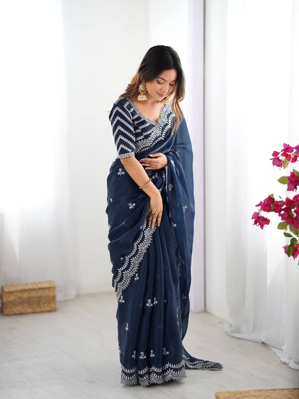 Women's Elegant Regal Purple Georgette Saree with Intricate Silver Thread & Sequin Embroidery β Complete with Embellished Blouse Piece for Festive & Party Wear - Image 12