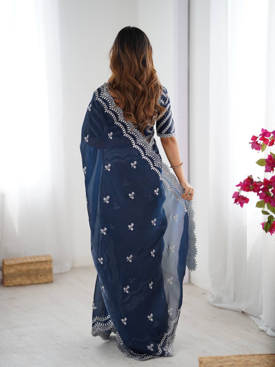 Women's Elegant Regal Purple Georgette Saree with Intricate Silver Thread & Sequin Embroidery β Complete with Embellished Blouse Piece for Festive & Party Wear - Image 10