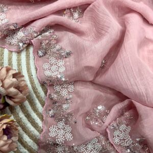 Women's Soft Pink Organza Saree with Delicate Pearl & Sequin Floral Embroidery β Lightweight Sheer Drape for Festive, Wedding & Party Wear