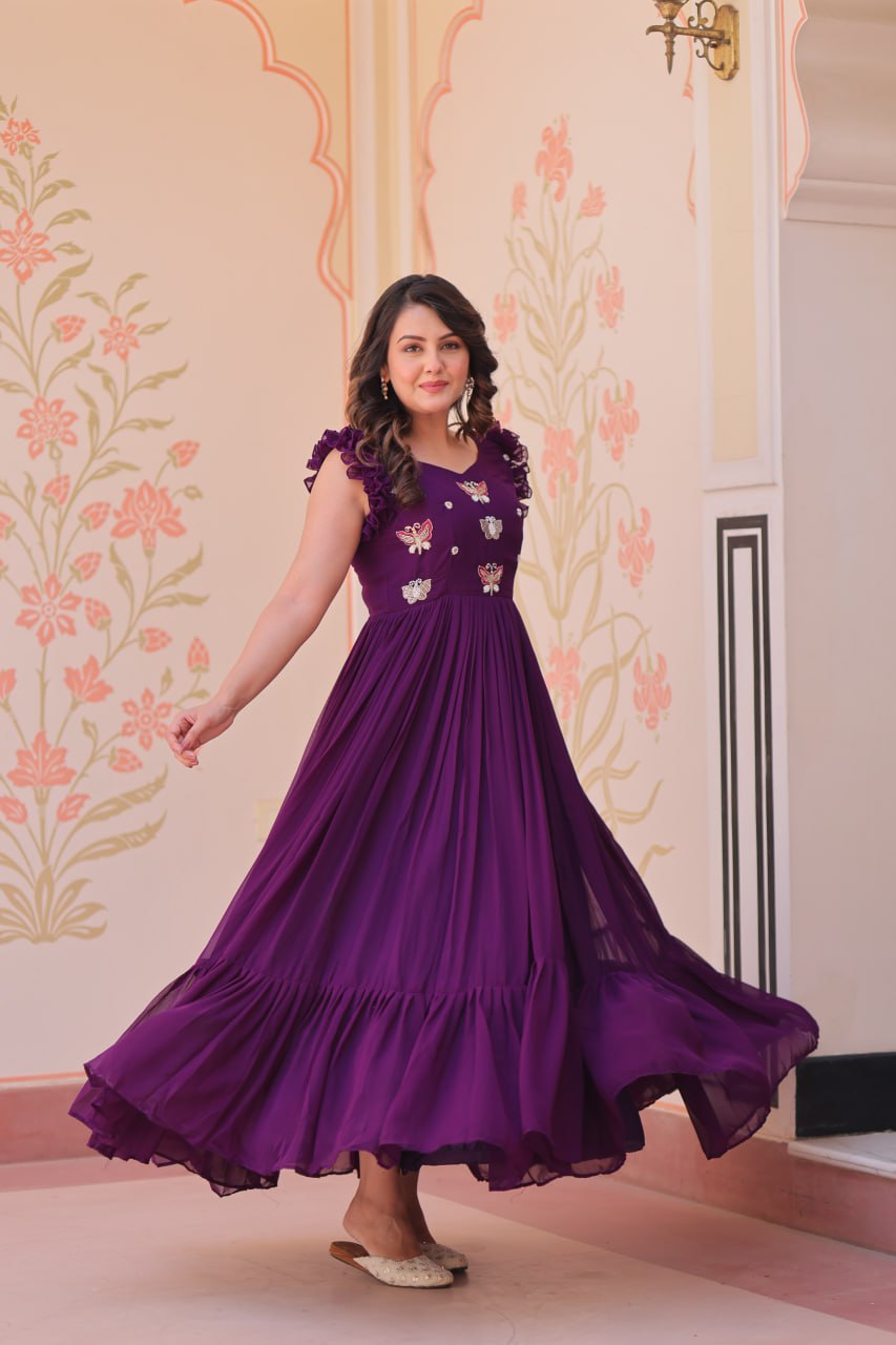 Women's Elegant Plum Purple Georgette Anarkali Gown with Butterfly Applique & Ruffle Sleeves β Festive & Special Occasion Wear - Image 16