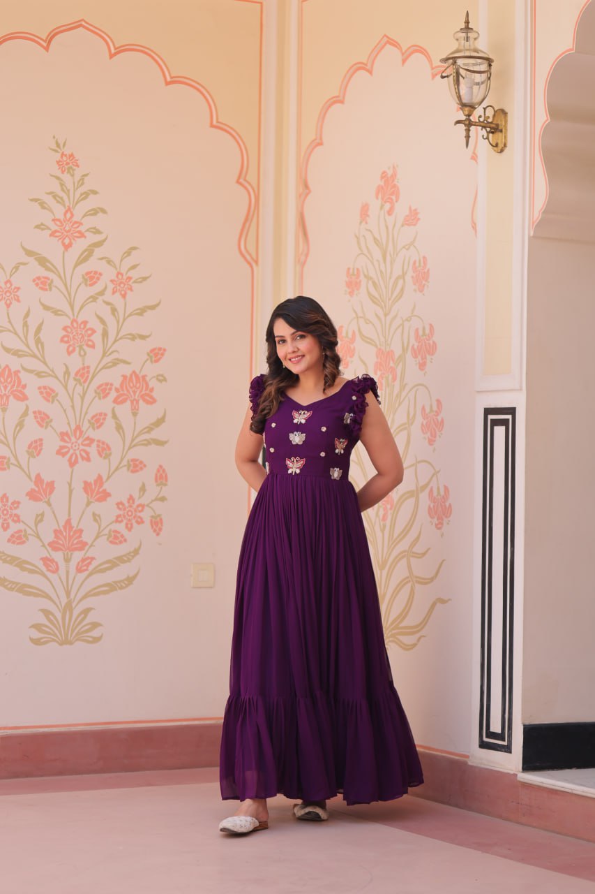 Women's Elegant Plum Purple Georgette Anarkali Gown with Butterfly Applique & Ruffle Sleeves β Festive & Special Occasion Wear - Image 8